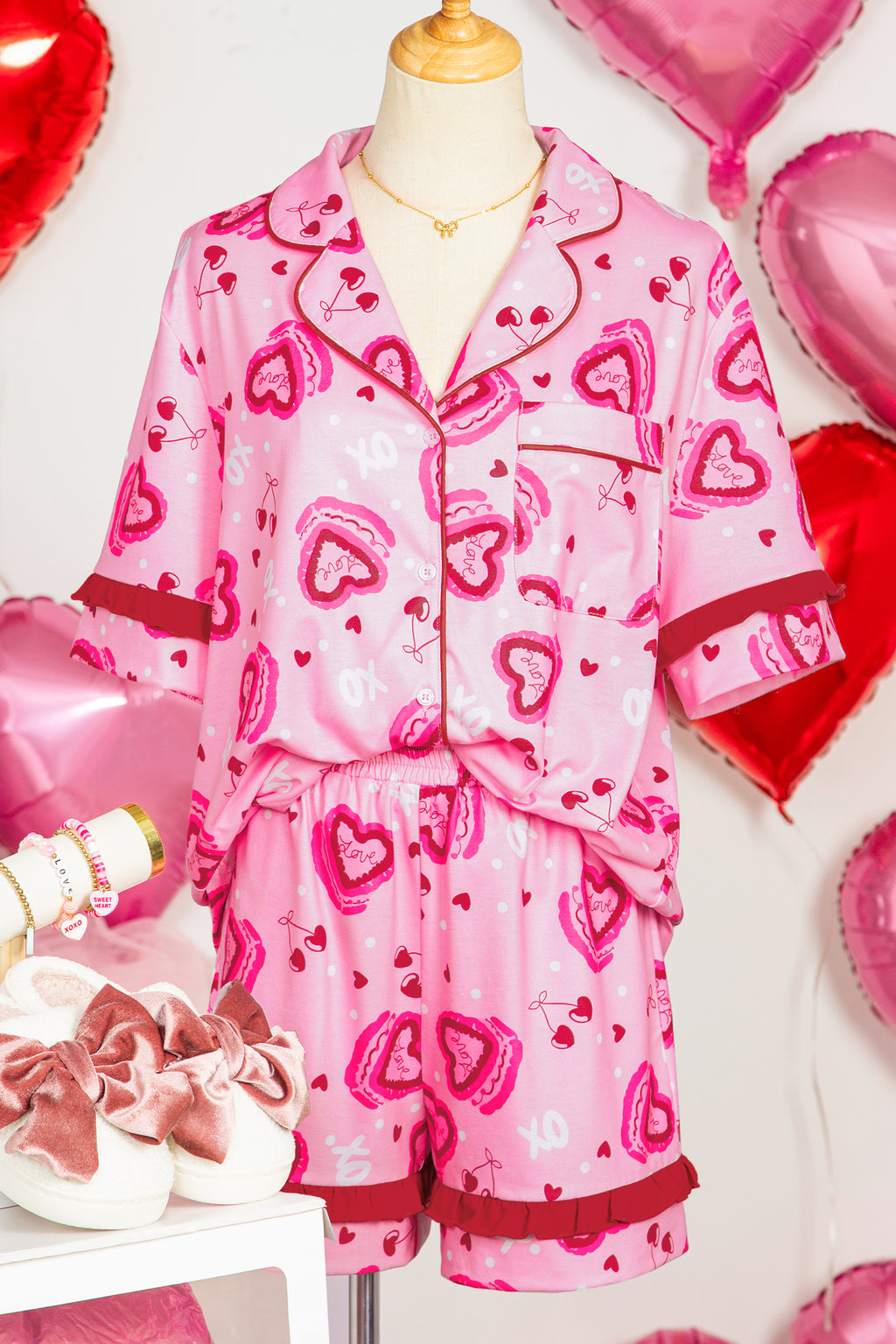 Pink Sweet Heart Cake Print Contrast Ruffle Trim Valentines 2pcs Pyjama Set