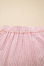 Light Pink Floral Trim Ribbon Knot Striped Casual Shorts