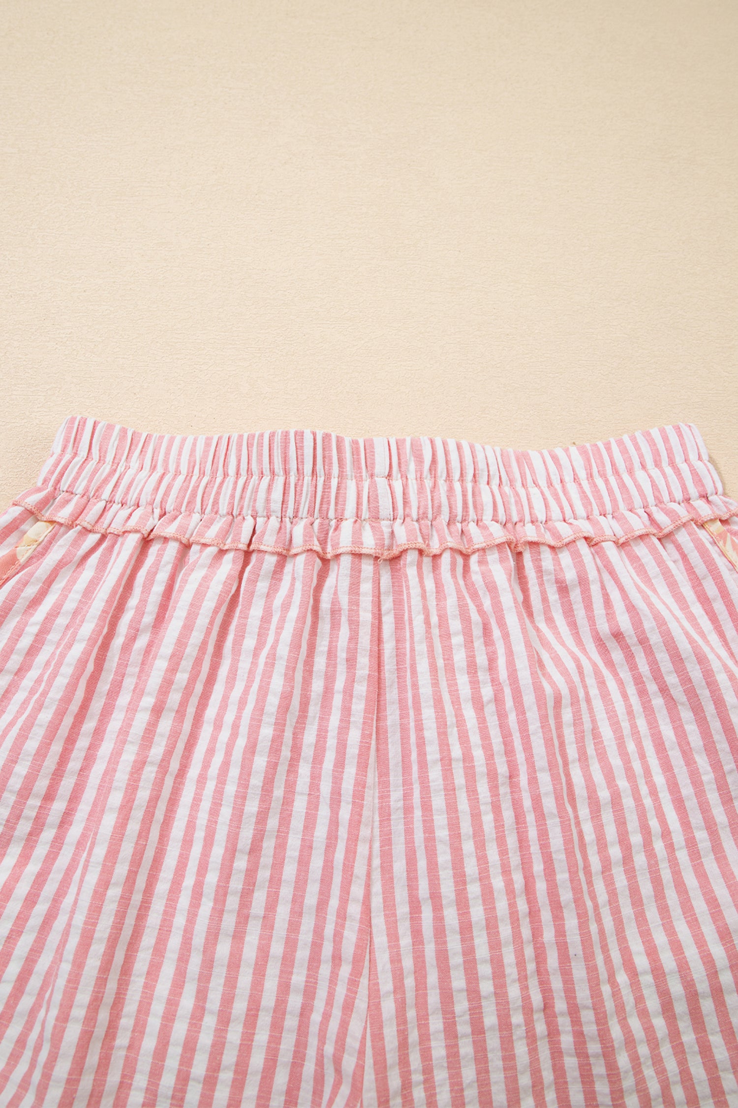 Light Pink Floral Trim Ribbon Knot Striped Casual Shorts