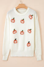 Beige Pumpkin Embroidered Ribbed Thanksgiving Halloween Holiday Sweater
