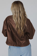 Chicory Coffee Double Flap Pocket Drawstring Hem Faux Leather Jacket