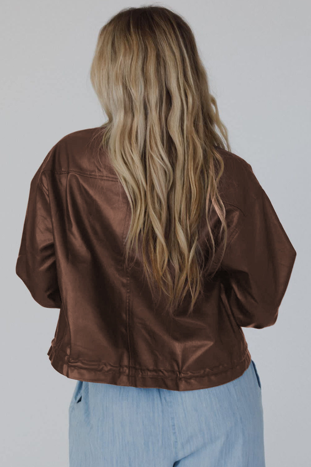 Chicory Coffee Double Flap Pocket Drawstring Hem Faux Leather Jacket