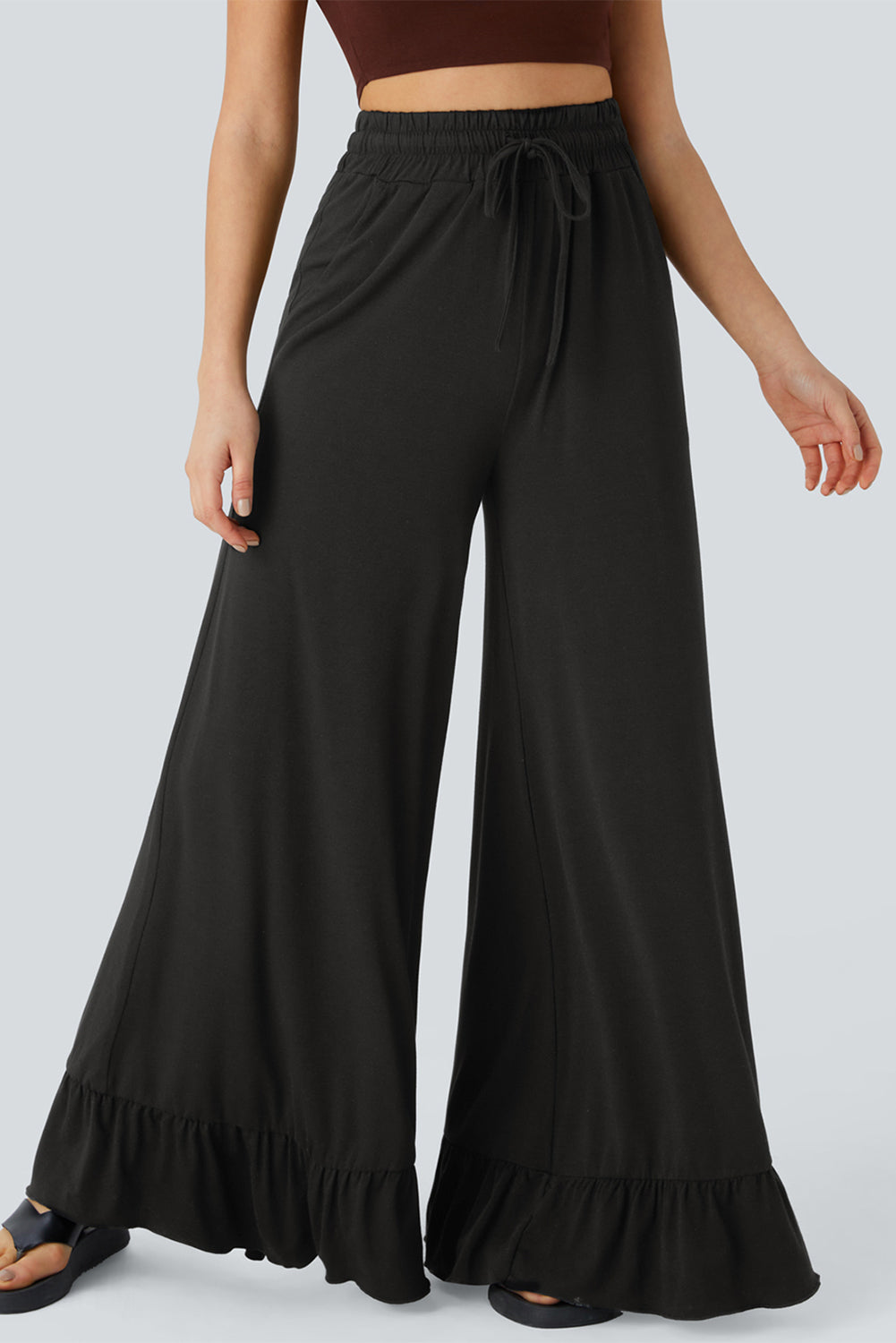 Medium Grey Ruffled Wide Leg Pull On High Waist Pants with Pockets