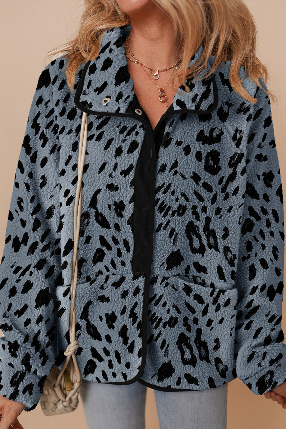Blue Cow Print Buttoned Stand Collar Fleece Jacket