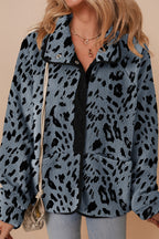 Blue Cow Print Buttoned Stand Collar Fleece Jacket