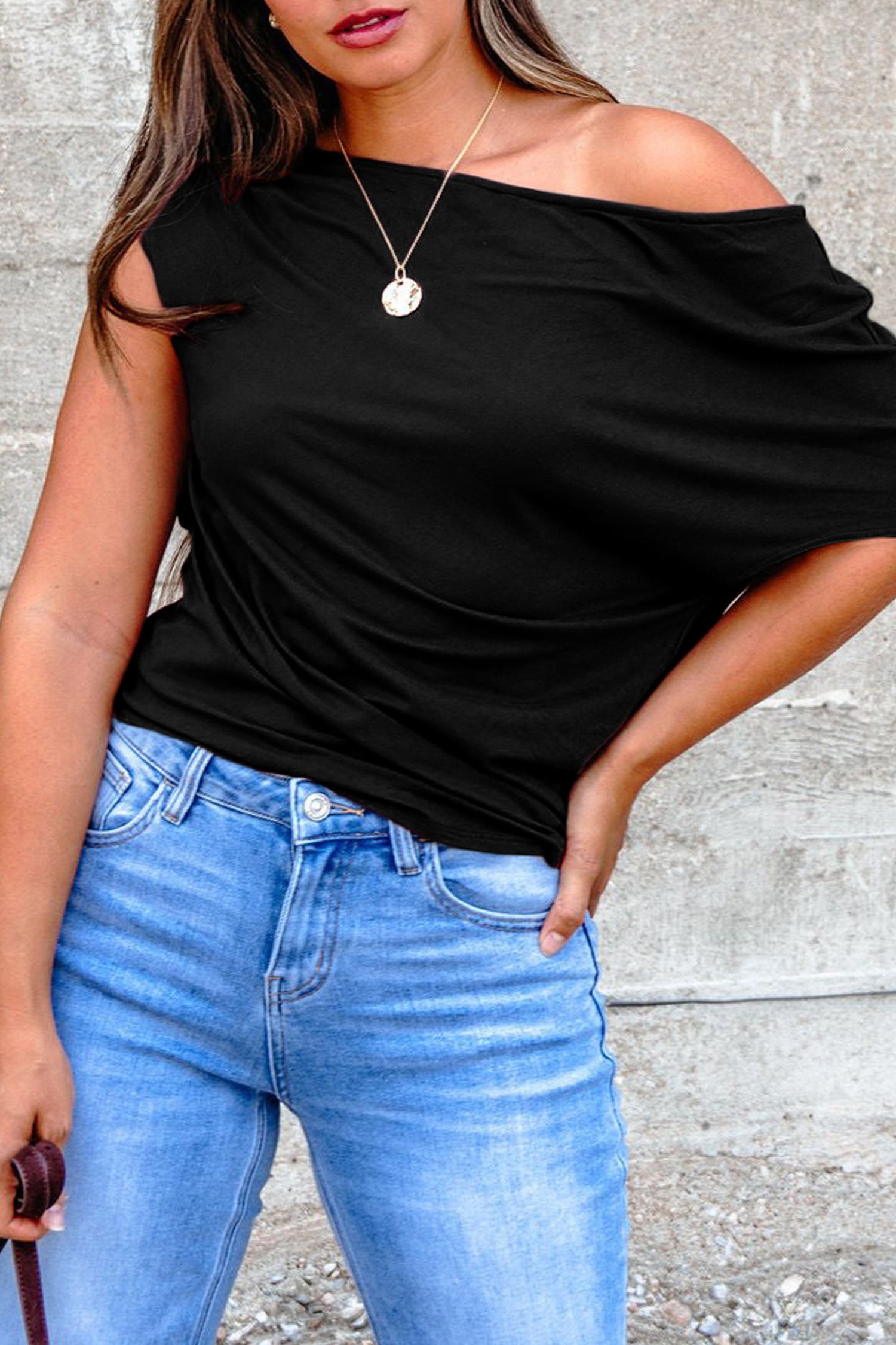 Plus Size Solid Color Asymmetric Neck Short Sleeve Blouse