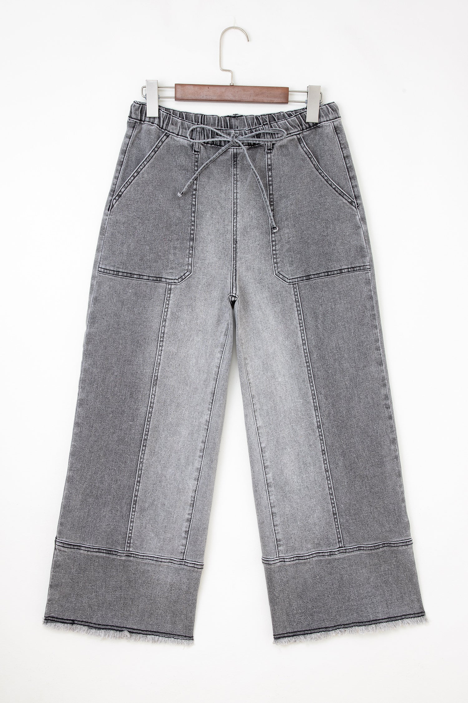 Prussian Blue Drawstring Seam Detail Raw Hem Wide Leg Denim Pants