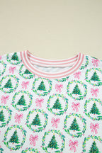 Green Bow Christmas Tree Print Contrast Striped Banding 2pcs Lounge Set
