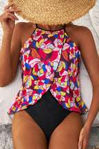 Purple Floral Print O Neck Open Back One Piece Swimsuit