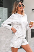 Beige Maple Camo Print Pullover Top and Elastic Waist Casual Short Set