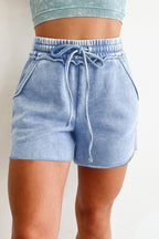 Mineral Washed Drawstring Elastic Waist Raw Cut Shorts