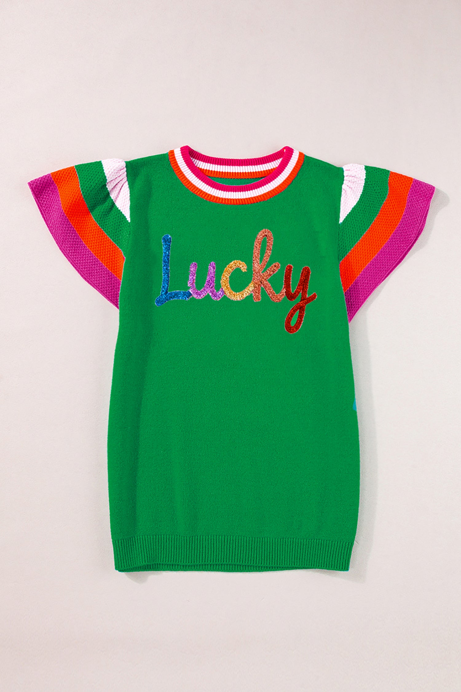 Bright Green Shiny Lucky Striped Flutter Sleeve Round Neck Sweater