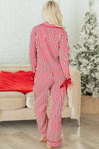 Striped Contrast Velvet Trim Bow Knot Waist 2pcs Pyjama Set