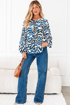 Blue Zebra Print Tied Front Puff Sleeve Top