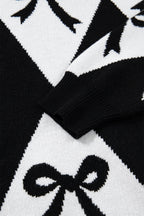 Black Bow Print 2-tone Rhombus Knit Loose Sweater