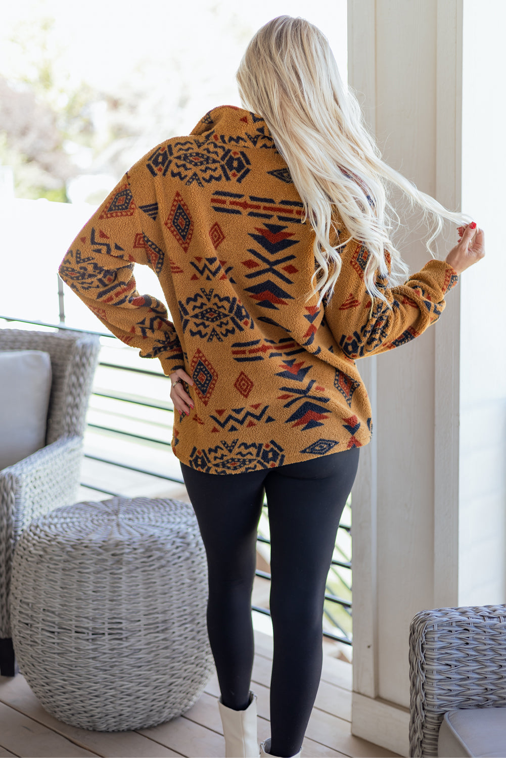 Khaki Western Aztec Pattern Fleece Shacket