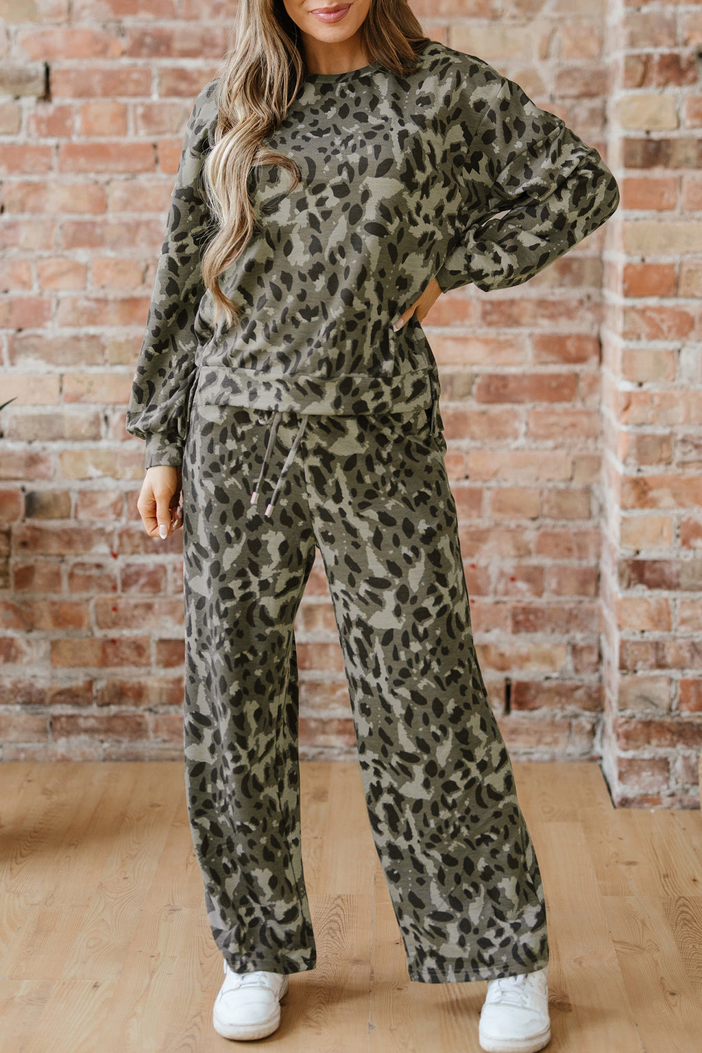 Leopard Print Raw Seam Patchwork Pullover Drawstring Loose Pant Set