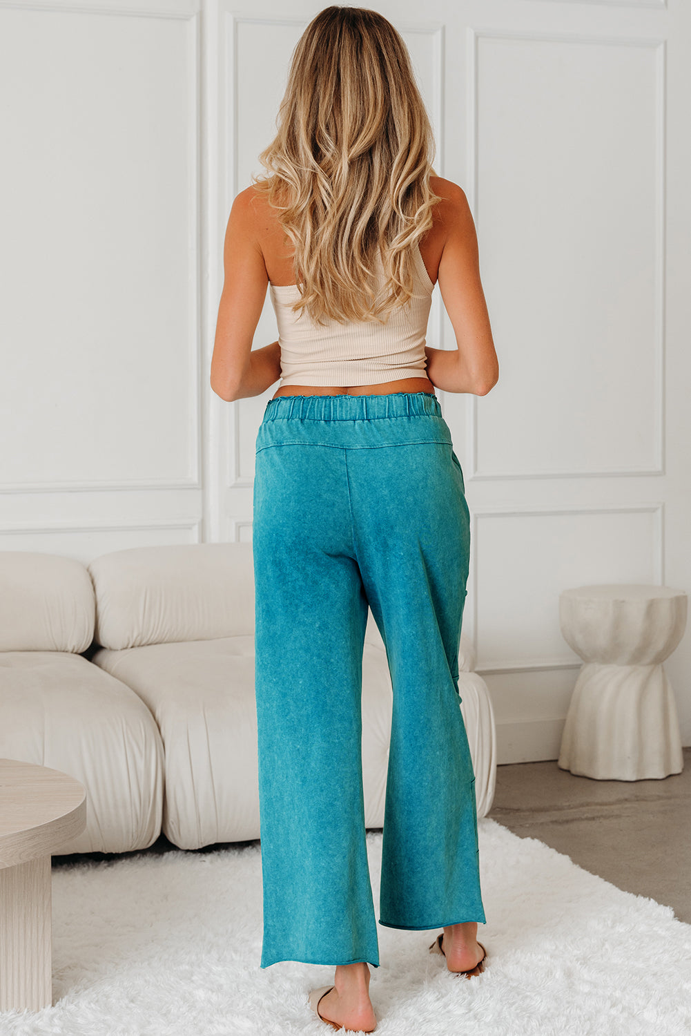 Mineral Wash Lace-up High Waist Raw Hem Patched Pocket Pants