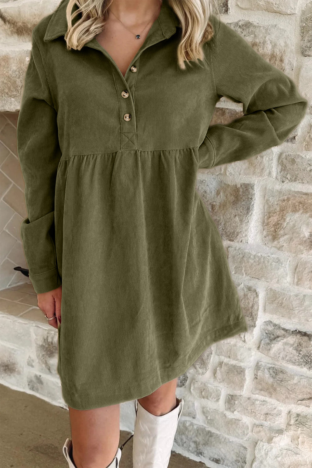 Corduroy Half Button Collared Long Sleeve Mini Dress