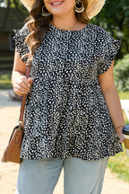 Black Leopard Print Ruffled Short Sleeve Keyhole Back Tiered Flowy Plus Size Blouse
