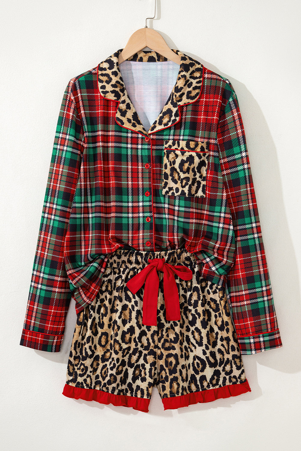 Racing Red Retro Plaid Leopard Print Patchwork Long Sleeve Shorts Pyjama Set