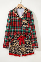 Racing Red Retro Plaid Leopard Print Patchwork Long Sleeve Shorts Pyjama Set