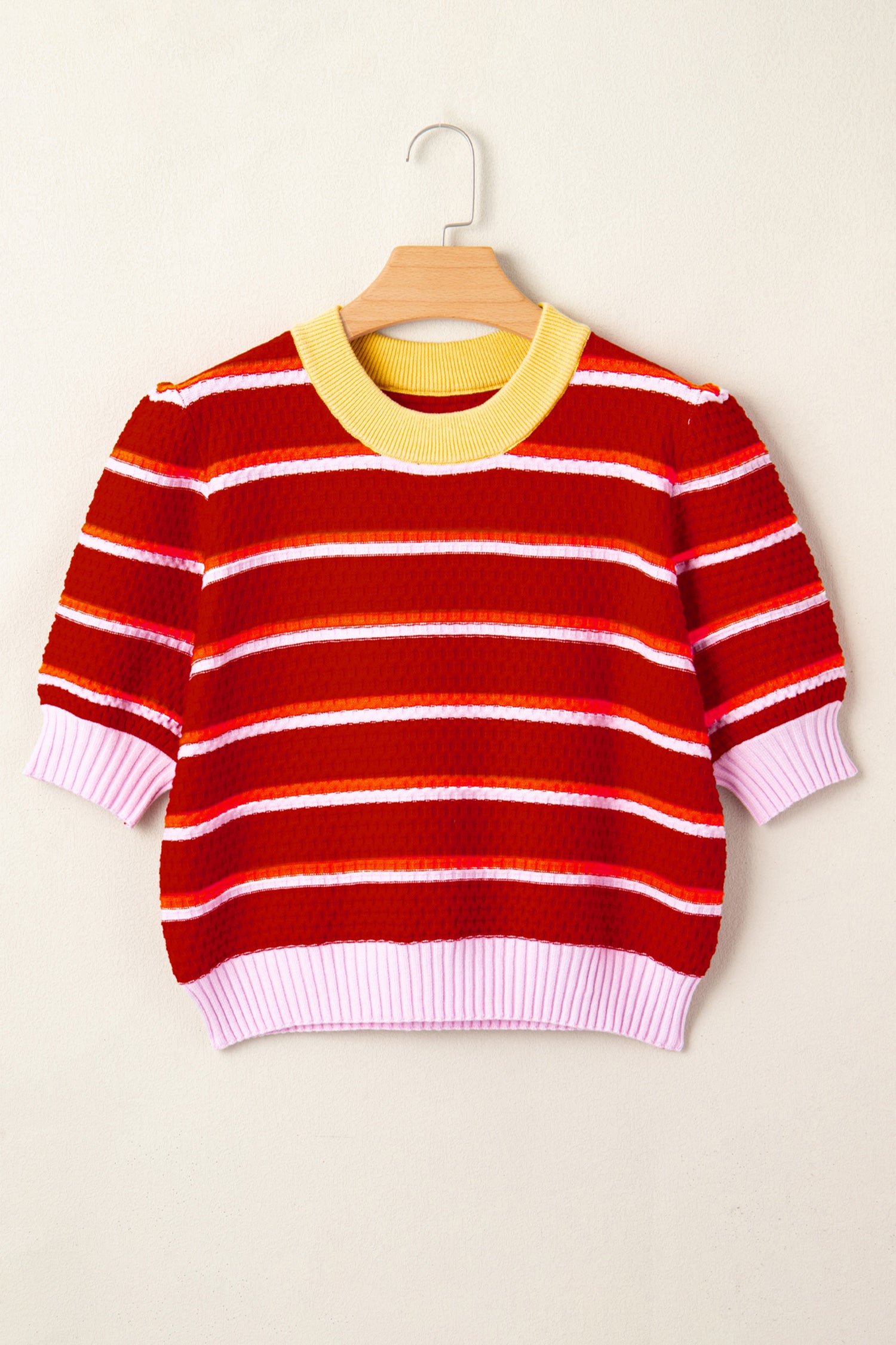 Red Stripe Colorblock Trim Half Sleeve Sweater Top