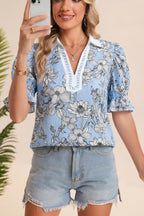 Sky Blue Floral Striped Printed Polo Collar Short Sleeve Blouse