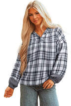 Plaid Patchwork Long Sleeve Button Hooded Blouse