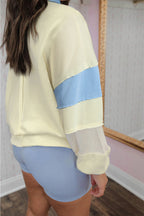 Yellow Cream Raw Seam Color Block Patchwork Plus Size V Neck Pullover