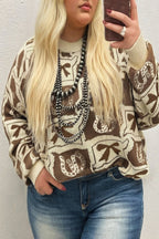 Brown Bow Horseshoe Print Checkered Plus Size Sweater