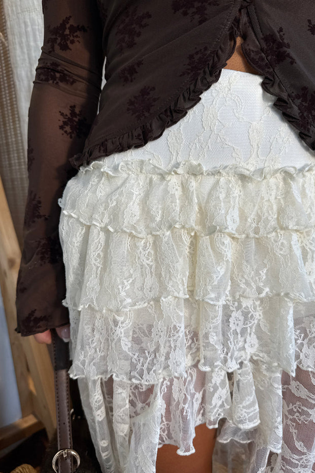 White Sheer Lace Frilly Ruffles High Low Long Skirt
