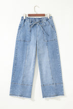 Beau Blue Drawstring Seam Detail Raw Hem Wide Leg Denim Pants