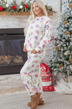 Apricot Floral Print Pullover Drawstring Lounge Pants Set