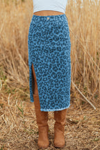 Leopard Denim Frayed Split Denim Midi Skirt