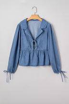 Dusk Blue Denim Lapel Neck Balloon Sleeve Tied Peplum Top