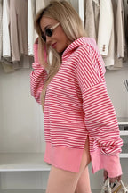 Striped Thumbhole Side Slits Drop Shoulder Loose Fit Hoodie