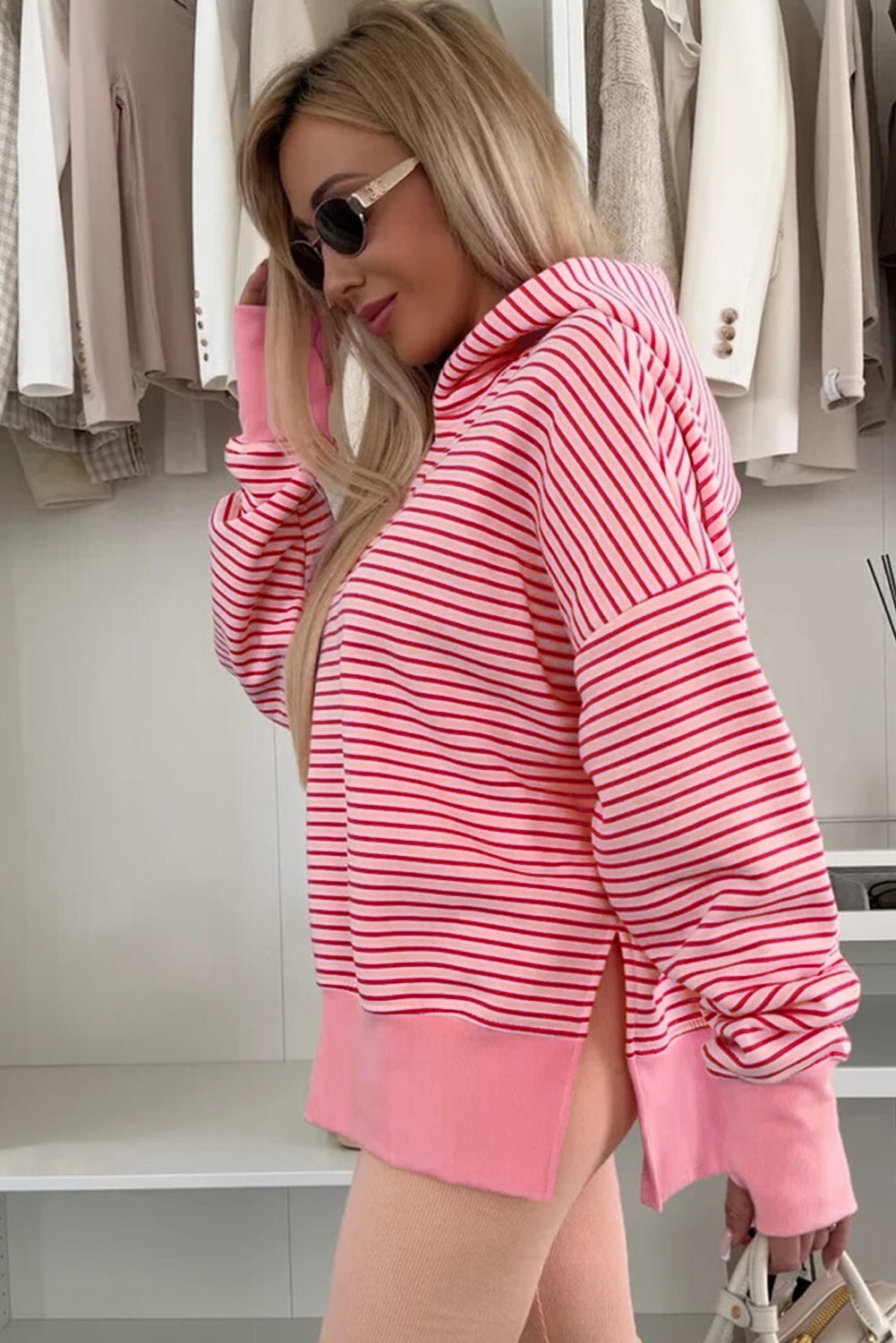 Striped Thumbhole Side Slits Drop Shoulder Loose Fit Hoodie