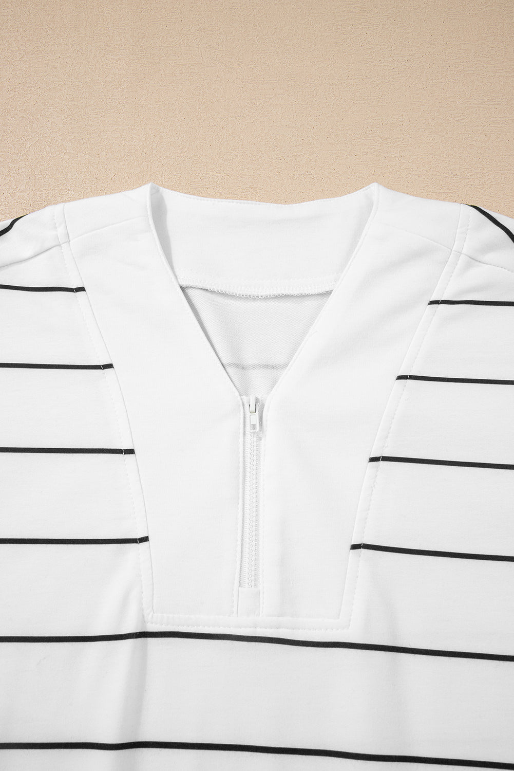 White Stripe Zip up Drop Shoulder Pullover and Shorts 2pcs Outfit