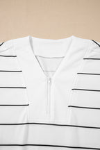 White Stripe Zip up Drop Shoulder Pullover and Shorts 2pcs Outfit