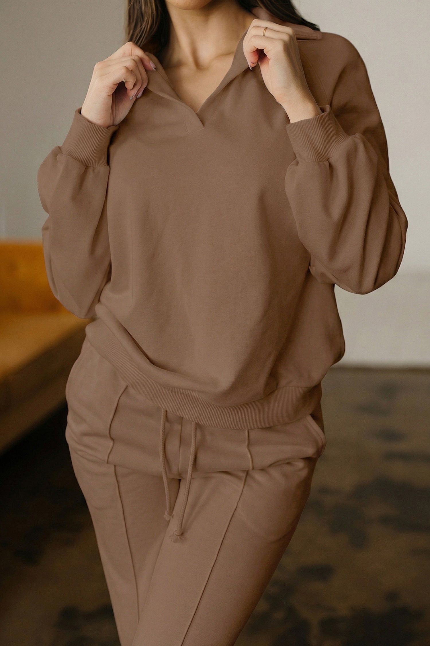 Polo Collar V Neck Pullover and Drawstring Sweatpants Set