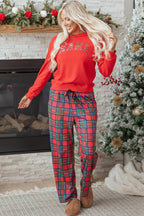 Red Plaid Mama Graphic Christmas Holiday Crewneck Pullover and Pants Two Piece Lounge Set