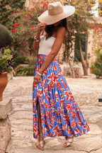 Blue Bohemian Floral Print Tiered Maxi Skirt with Split