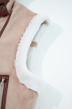 Dark Khaki Sherpa Lined Faux Suede Lapel Collar Vest