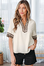 Jet Stream Leopard Patchwork Trim Split Neck Short Sleeve Blouse