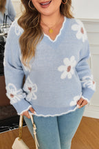 Gray Fuzzy Flower Scalloped V Neck Plus Size Sweater