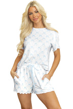 Pink Bow Knot Geometric Print Lettuce Trim Two Piece Lounge Set