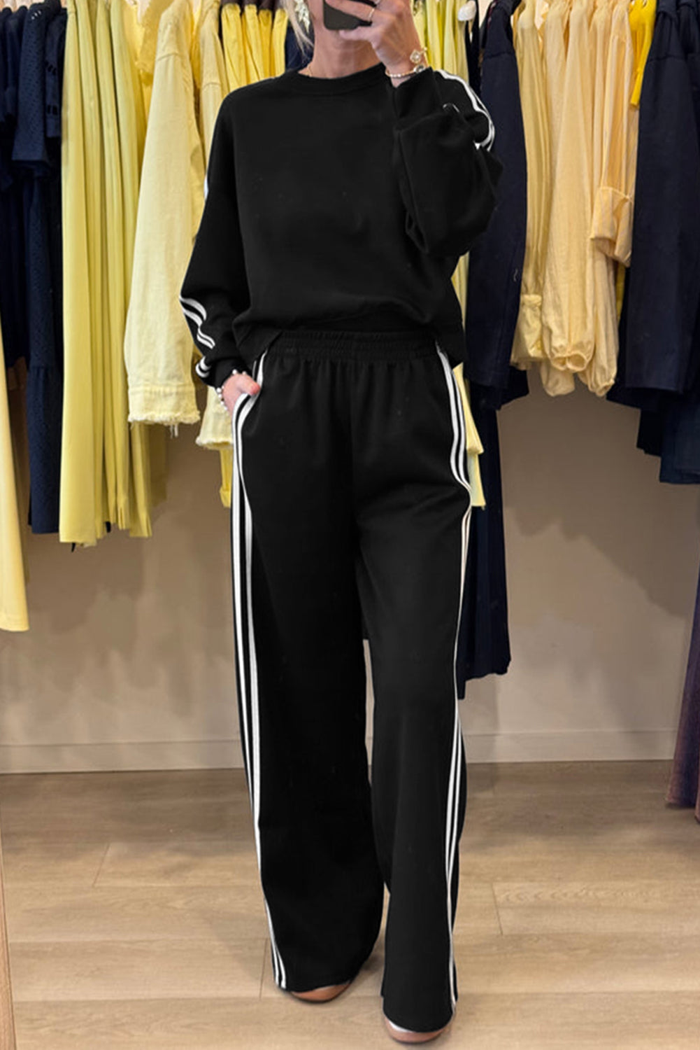Oatmeal Varsity Striped Detail Crewneck Pullover Elastic Sweatpants 2pcs Outfit