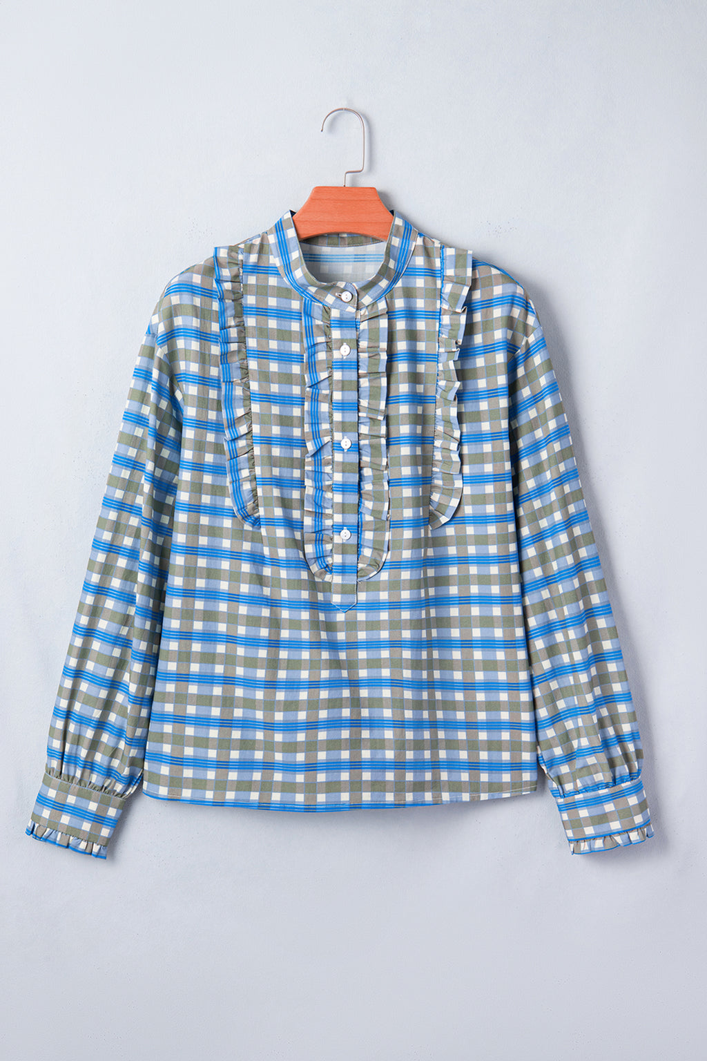 Sky Blue Plaid Long Sleeve Frilled Detail Half Button Blouse