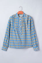 Sky Blue Plaid Long Sleeve Frilled Detail Half Button Blouse